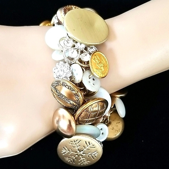 Vintage Rhinestone Pearl Button Charm Bracelet - Picture 9 of 12